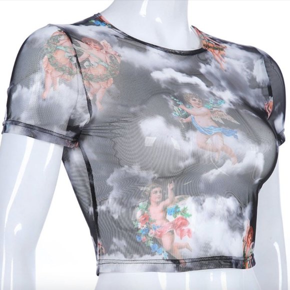 Medium Sheer Cupid Print Mesh Short Sleeve Crop - Picture 5 of 6
